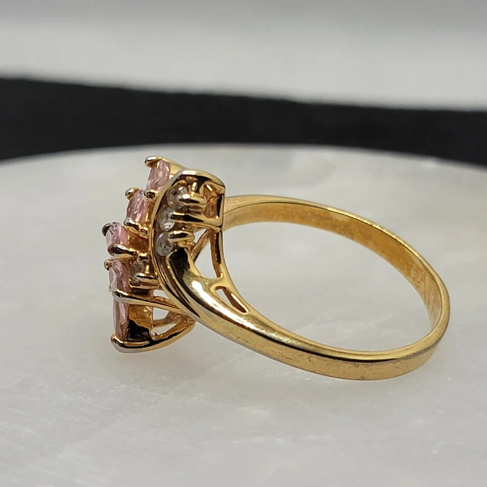 Vintage Bypass Marquise Pink Gem Simulated Diamond Gold Tone Ring - Picture 7 of 10